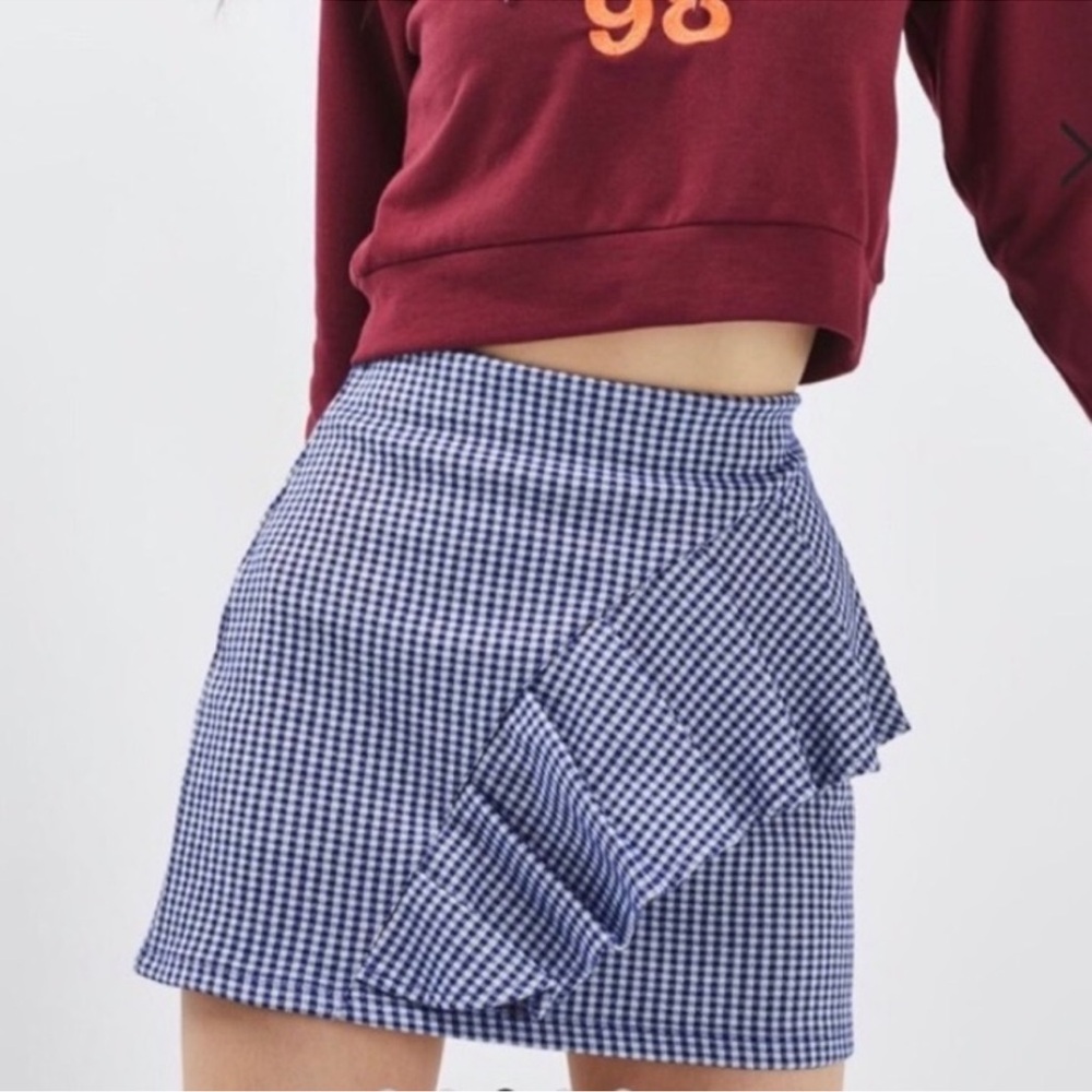 Topshop Blue Gingham Skirt with Ruffle Size 4